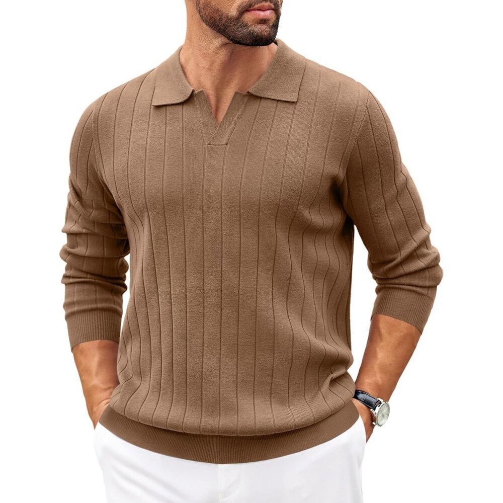 Coofandy Men Brown Polo Long Sleeve V Neck Knit Lightweight Pullover Sweater